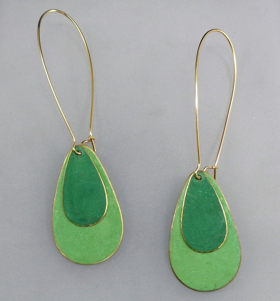 Brass Patina Teardrop Earrings in light green and green