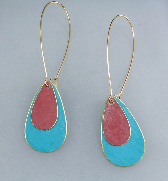 Brass Patina Teardrop Earrings in Teal and Red