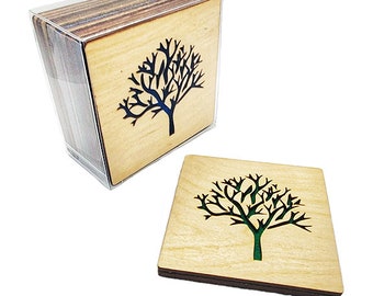 4 TREE OF LIFE Coasters laser cut wood natural eco-friendly Waterproof plywood birch and Felt