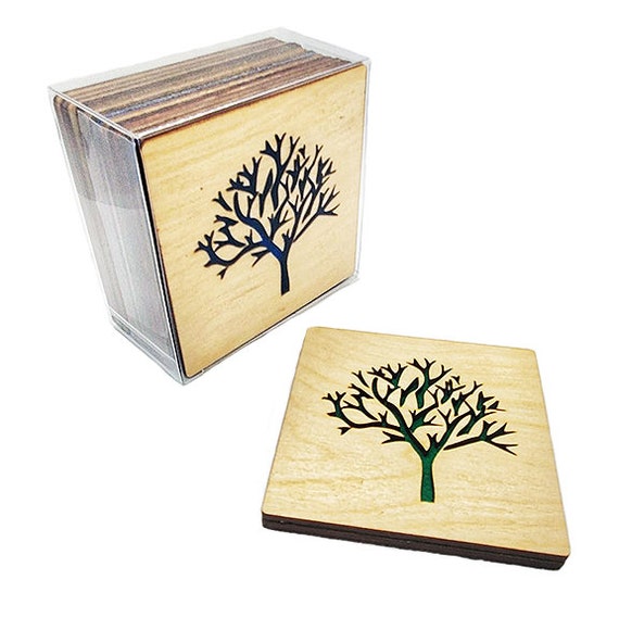 4 TREE OF LIFE Coasters wooden laser cut natural eco-friendly Waterproof plywood birch and Felt
