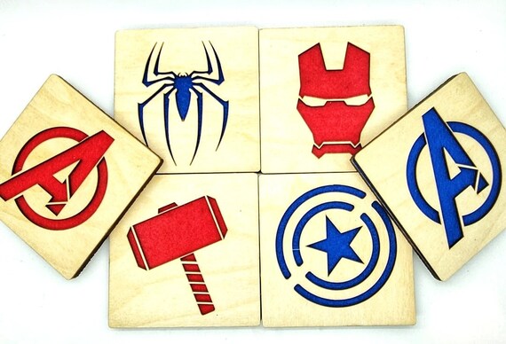 6 Superhero Coasters laser cut natural eco-friendly Waterproof plywood birch and Felt