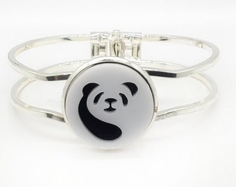 Panda Cuff Bracelet from cut Acrylic and Felt set into Hinged Stainless Steel setting