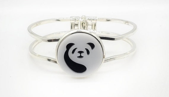 Panda Cuff Bracelet from cut Acrylic and Felt set into Hinged Stainless Steel setting