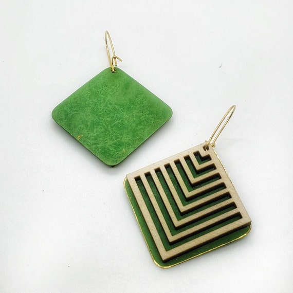 Brass Patina and Plywood Square Earrings in light Green