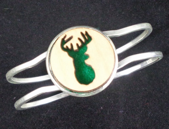 Deer Cuff Bracelet from cut Plywood and Felt set into Hinged Stainless Steel setting