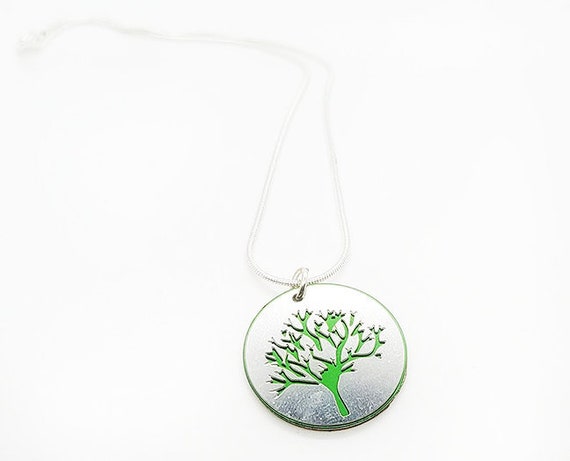 Double sided Tree of Life pendant of stainless steel and recycled aluminum