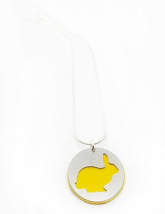 Double sided Bunny Rabbit pendant of stainless steel and recycled aluminum