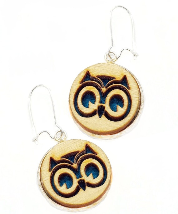 Owl Earrings from cut Plywood and felt set in Stainless Steel  and hung from silver