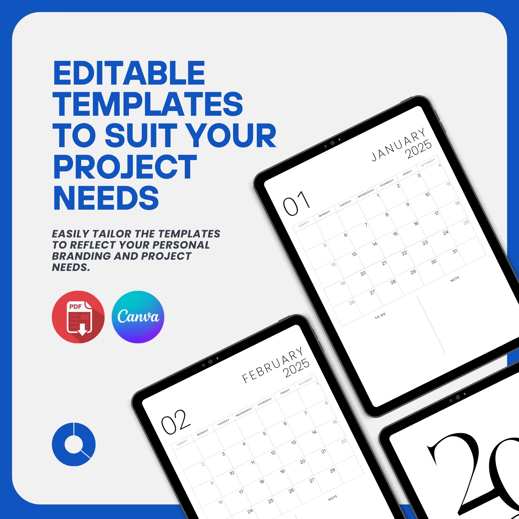 Editable 2025 Calendar - Digital & Printable PDF, Modern Minimalist ...