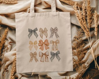 Fall Bows Coquette Tote Bag | Bow Tote Bag, Fall Pumpkin Tote Bag, Market Tote, Cotton Canvas Tote, Trending Bow Bag