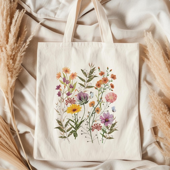 Wildflower Cotton Canvas Tote Bag | Floral, Popular, Trendy, Teachers, Vintage, Work, Birthday Gifts