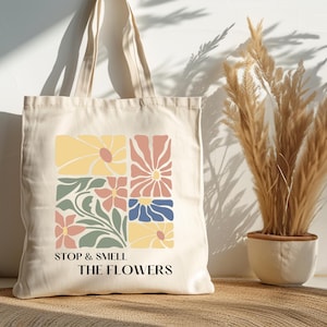 Stop and Smell the Flowers Tote Bag | Groovy Flowers Tote, Boho Tote Bag, Retro Tote Bag, Plant Lover, Retro Tote, Grocery Tote, Work Tote