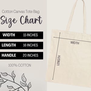 Size chart for cotton canvas tote bag. Width is 15 inches, length is 16 inches, and handle is 20 inches long. Tote is 100% cotton.