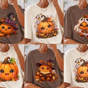 Puede incluir: Una colección de seis camisetas en marrón y blanco, cada una con un estampado gráfico de una calabaza de dibujos animados sonriente. Los diseños incluyen calabazas con sombreros de bruja, disfrazadas de fantasmas o rodeadas de hojas.