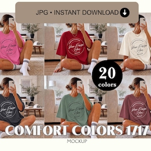 May include: A collection of six Comfort Colors 1717 t-shirts in various colours, each featuring a circular graphic with the text Your Design Here. The shirts are displayed in a grid layout, showcasing different colour options for design mockups.
