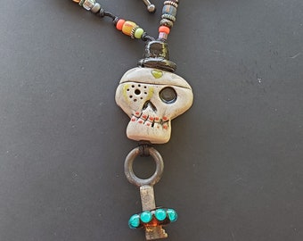 Necklace with a Ceramic Sugar Skull and a Skeleton Key