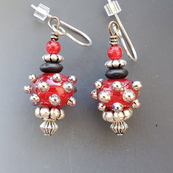 Lampwork Glass Bead Earrings in Red with Silver Polka-dots