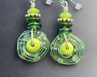 Lampwork Glass Bead Earrings in Green and Crystal