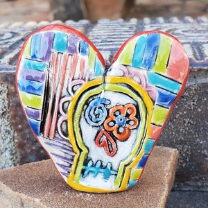 Free Standing Reversible Ceramic Heart with Inspirational Words and a Sugar Skull image 1