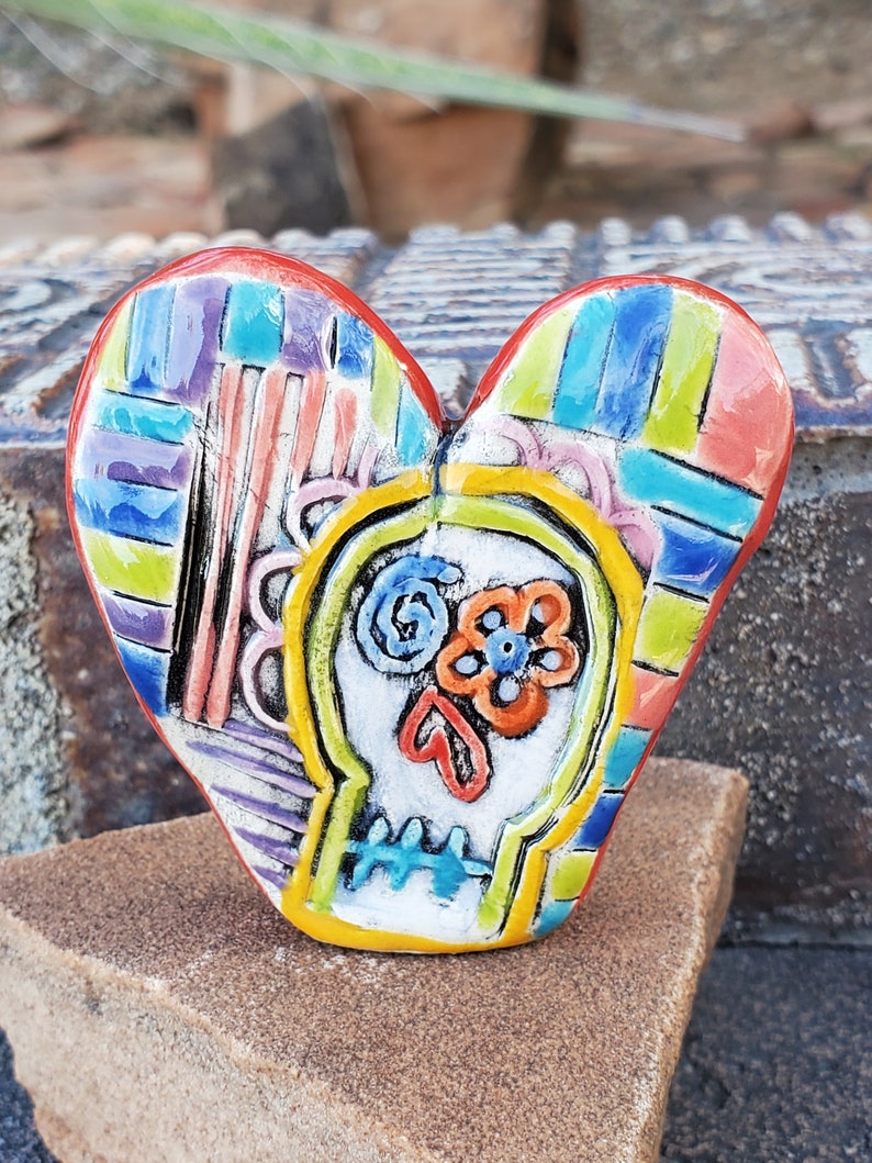 Free Standing Reversible Ceramic Heart with Inspirational Words and a Sugar Skull image 1