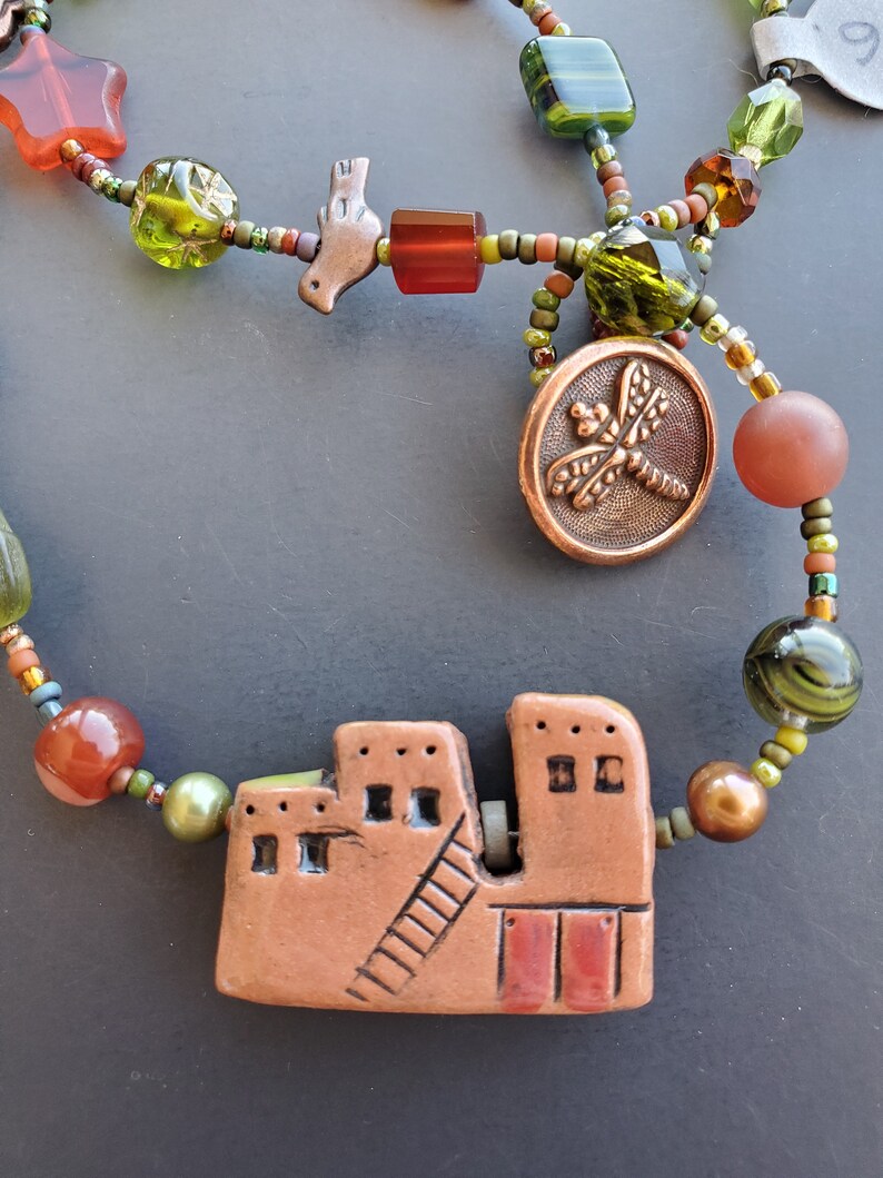Short Olive and Rust Necklace with Pueblo Pendant