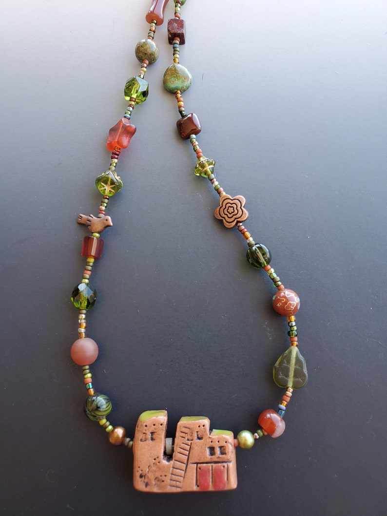 Short Olive and Rust Necklace with Pueblo Pendant