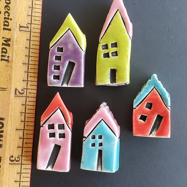 Set of 5 Ceramic House Beads with Holes Along the Roofline