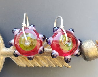 Lampwork Glass Disc Bead Earrings in Purple, Green and Red