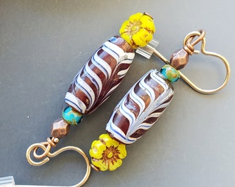 Red, Gold and Chartreuse African Feather Bead Earrings