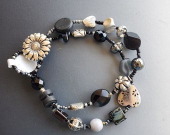 Double Row Glass Bracelet with Black, Gray and Silver beads and a Pewter Button