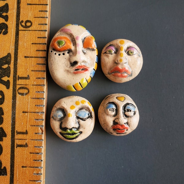 Set of 4 Handmade Ceramic Face Tiles.  Ceramic Cabachons.  Handmade Mosaic Tiles