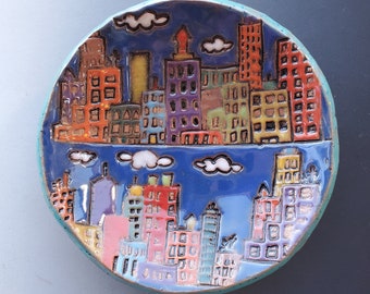 Small Terra-cotta Ceramic Plate (Shallow Bowl). Colorful Skyscrapers Plate