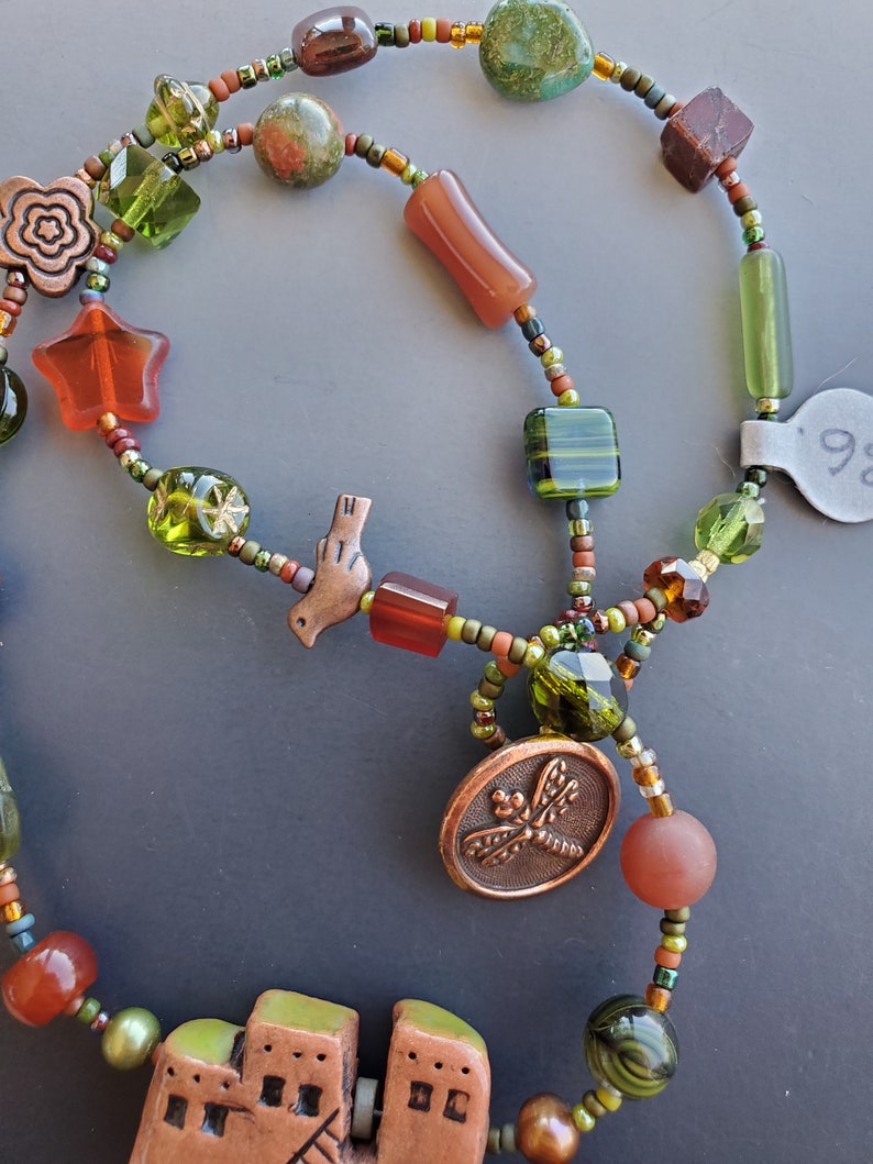 Short Olive and Rust Necklace with Pueblo Pendant