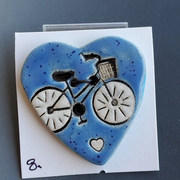 Handmade Heart Shaped Ceramic Button. Blue with Bike