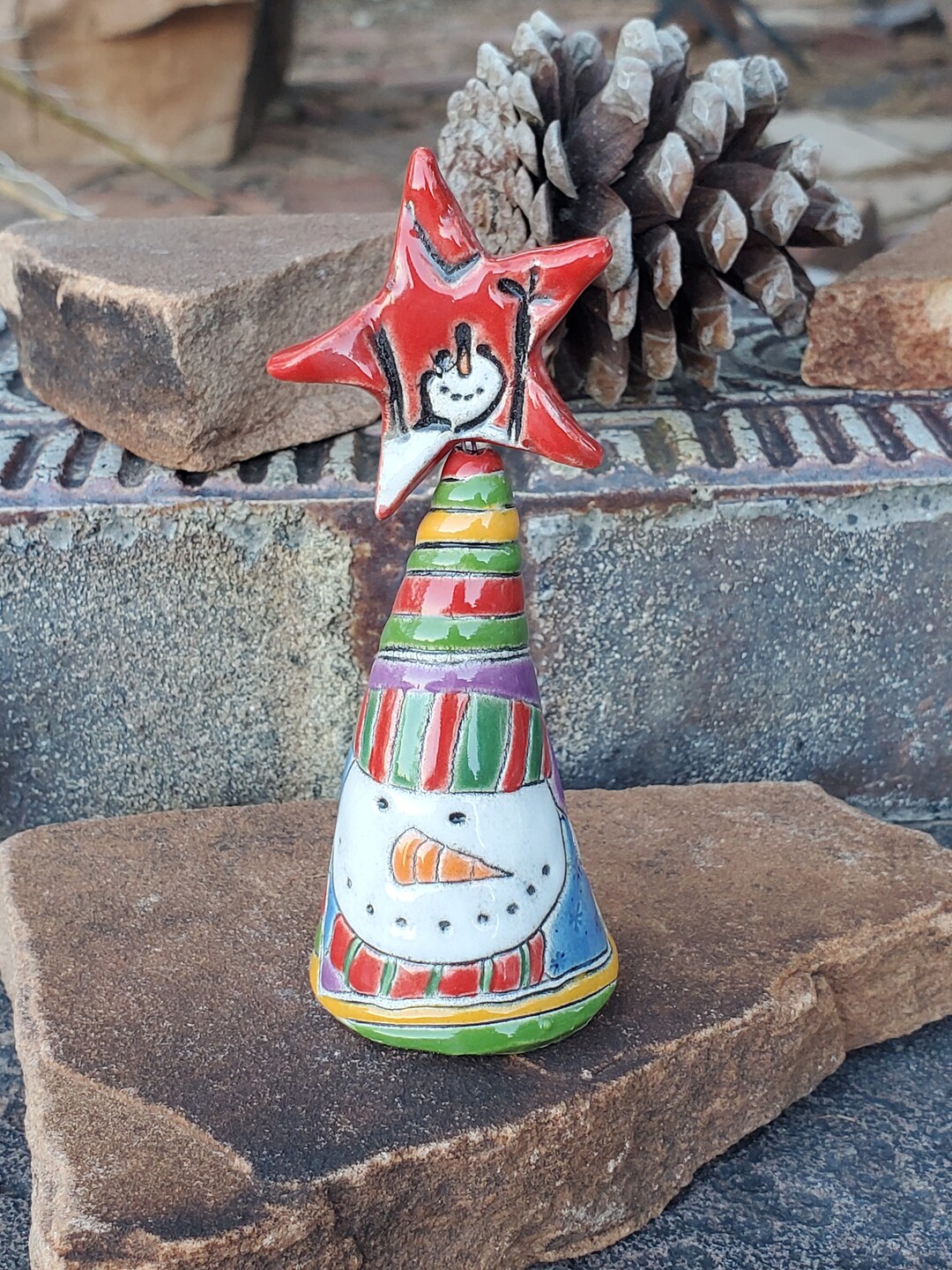 Miniature Ceramic Christmas Tree Decoration With a Snowman and a Red