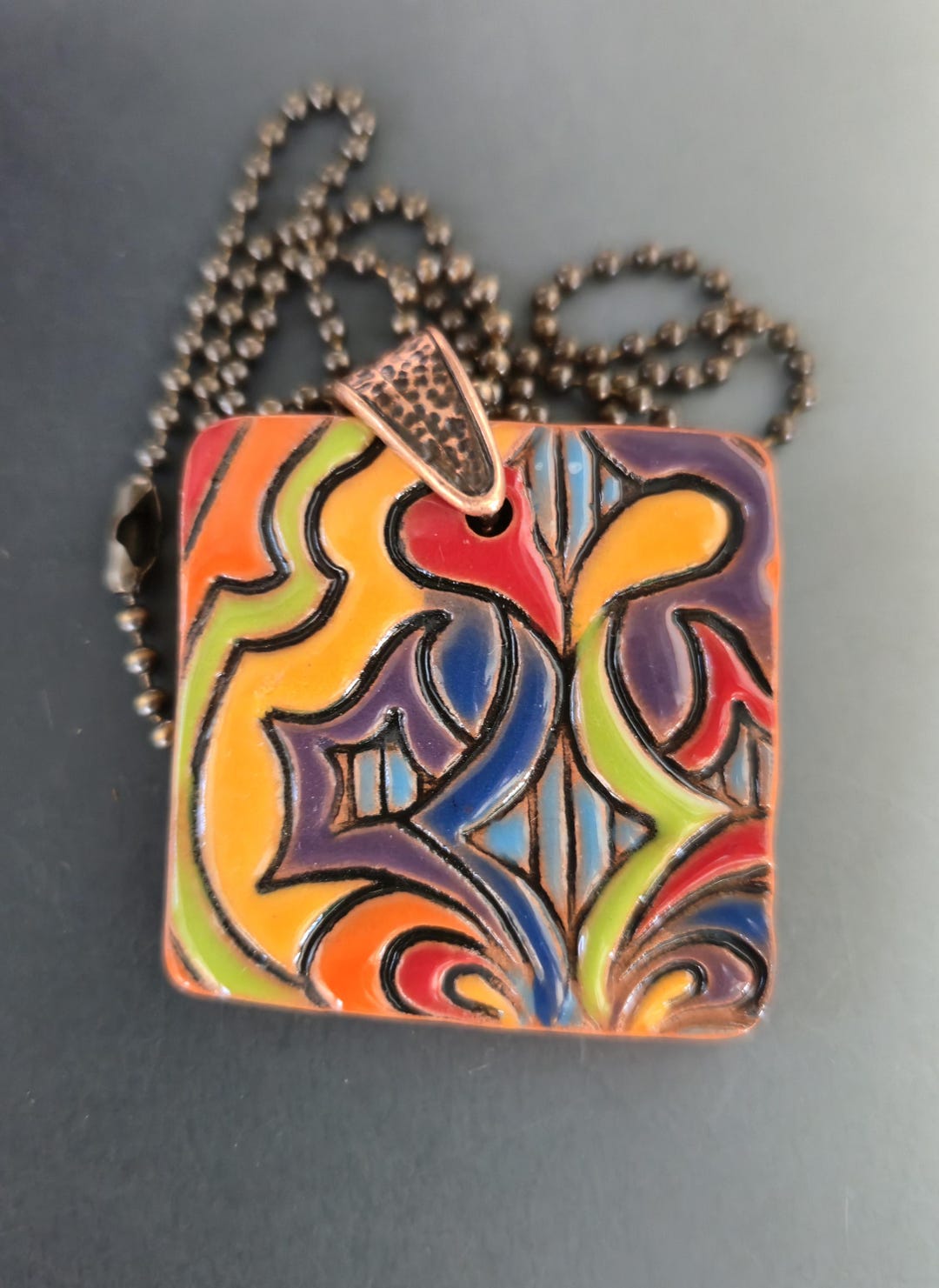 Reversible Handmade Ceramic Spanish Tile Design Pendant With a Copper ...