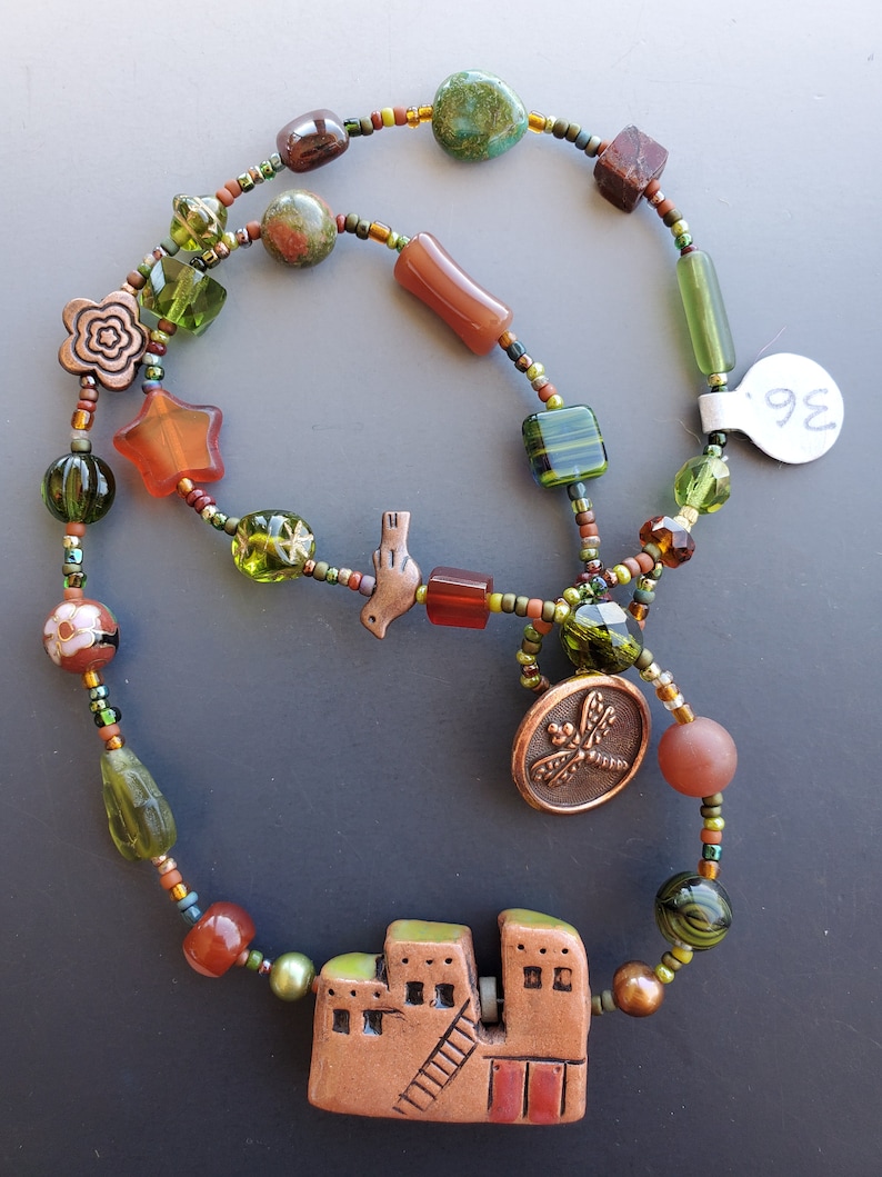 Short Olive and Rust Necklace with Pueblo Pendant