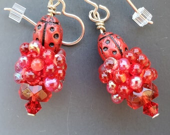 Bead Crochet Earrings in Red with Ladybugs