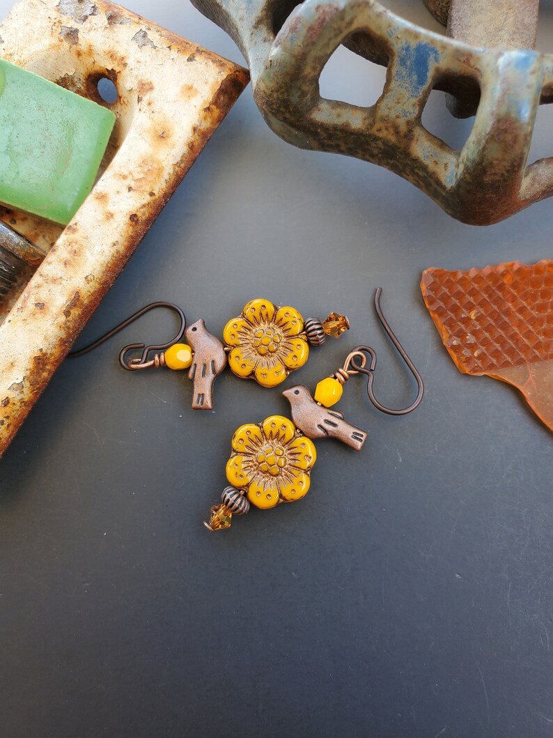Deep Yellow Sunflowers and Copper Bird Earrings Etsy