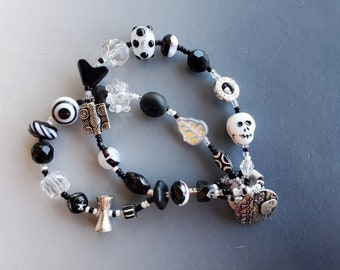 Double Row Glass Bracelet with Black and White Beads and a Pewter Button