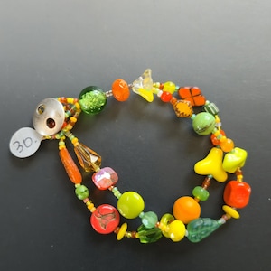 Double Row Bracelet with Orange, Green and Yellow Glass Beads.  Peas and Carrots.