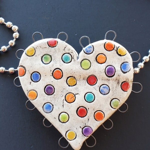 Reversible Creamic Heart Pendant with Colorful Polka Dots on a Stainless Ballchain