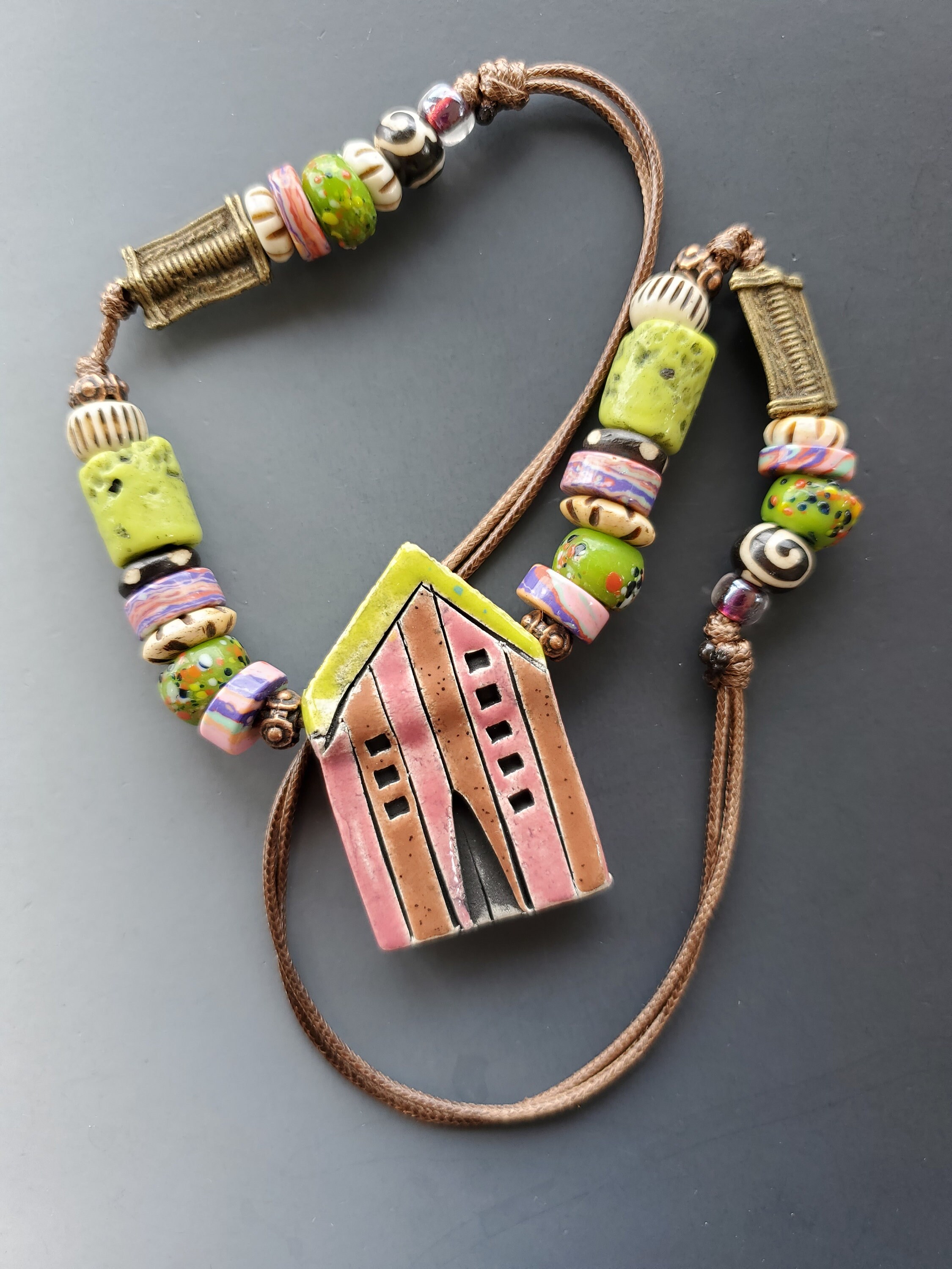 Slip Knot Necklace with Striped House Pendant Etsy