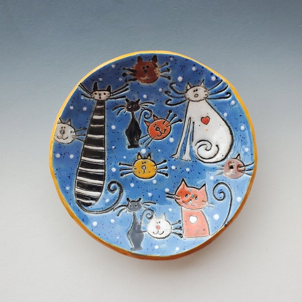 Small Ceramic Plate (Shallow Bowl). Blue Plate with Colorful Cats