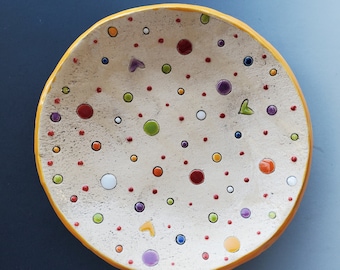 Small Ceramic Plate (Shallow Bowl). Polka-dotted Dish Front and Back