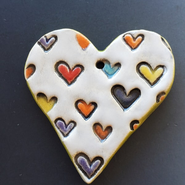 Reversible Ceramic Heart Pendant with Hearts and Flowers