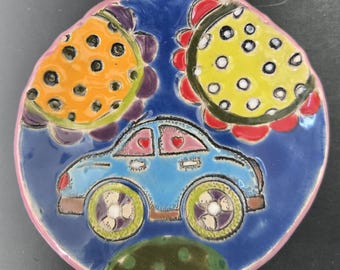 Small Ceramic Plate (Shallow Bowl). Colorful Plate with Flowers and a Beetle