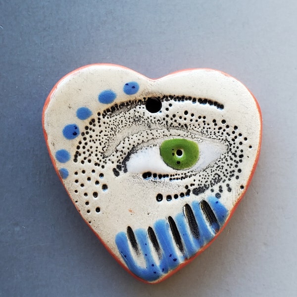 Reversible Ceramic Heart Pendant with an Eye