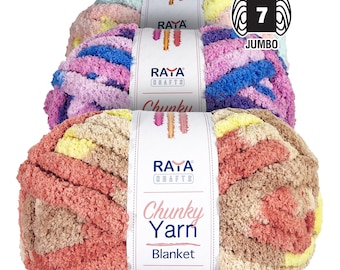 May include: Three skeins of Raya Crafts jumbo size 7 chunky yarn for blankets. The front skein features a variegated pattern of tan, coral, and yellow. The middle skein displays purple, blue, and pink tones, while the back skein shows pastel colors.