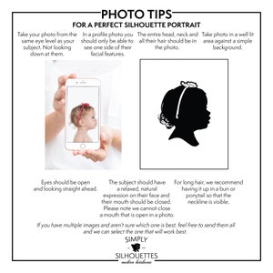May include: Photo tips for taking a perfect silhouette portrait. The text includes instructions for taking a profile photo, a full-face photo, and a photo with long hair. The image shows a phone with a child's profile photo on the screen, a silhouette of a child with long hair, and a silhouette of a child with short hair.